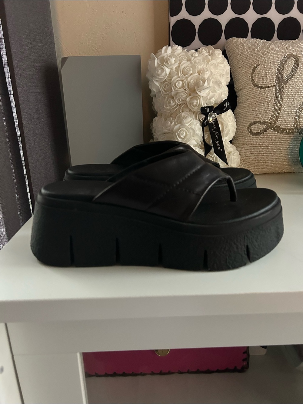 Black Platform Genuine Leather Thong Sandals - Women